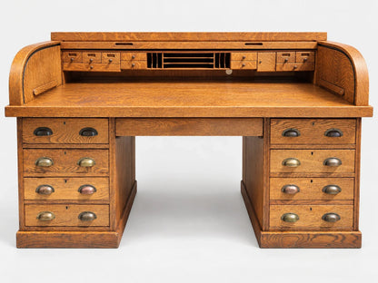 Large Antique Tiger Oak Roll Top Desk Executive Office Tambour Golden Brown Home