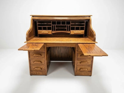 Vintage Oak Roll Top Desk Antique Mission Style Double Pedestal Wooden Executive