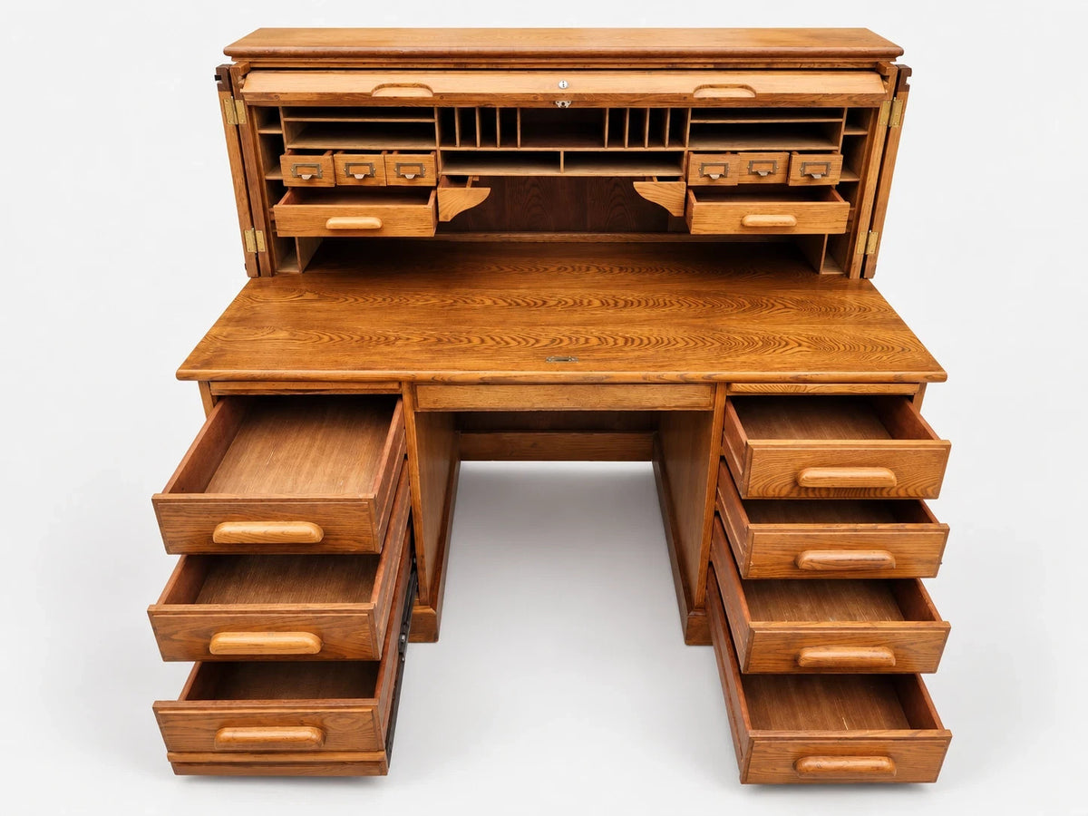 Vintage Oak Roll Top Desk Executive Secretary Writing Office Golden Brown
