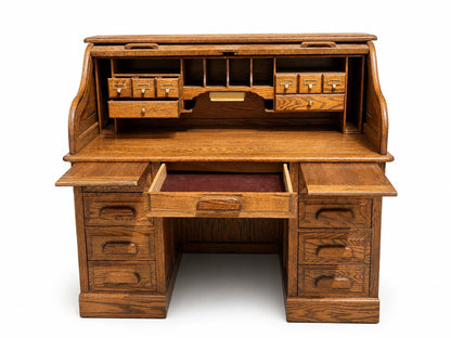Stuart’s Oak Roll Top Desk Vintage Tambour Executive Pedestal Desk Office Qual