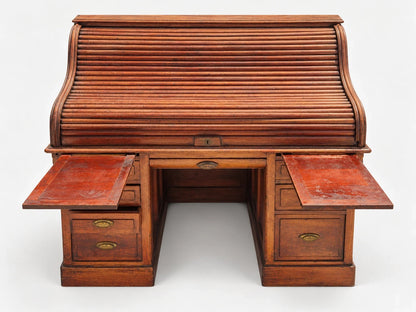 Antique Victorian Roll Top Desk Executive Wood Brass Reddish Brown S Curve