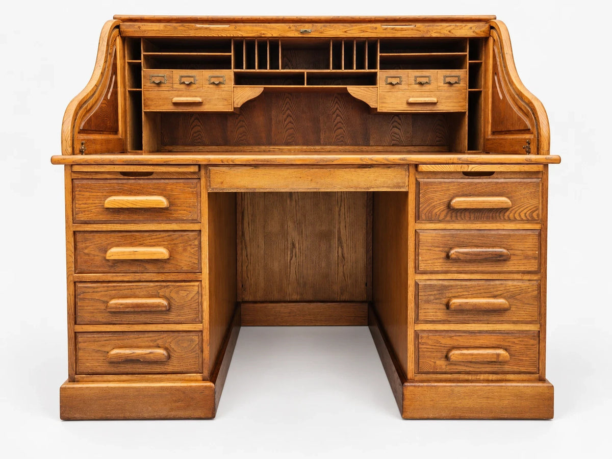 Vintage Oak Roll Top Desk Executive Secretary Writing Office Golden Brown