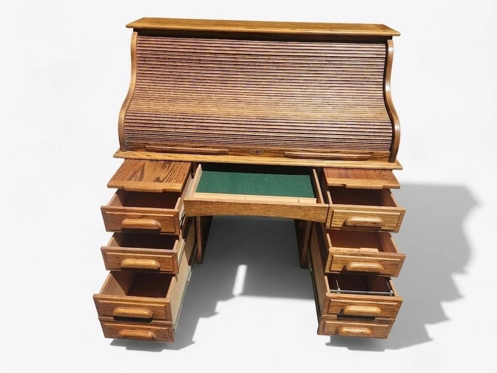 Vintage Oak Roll Top Desk Antique Mission Style Double Pedestal Wooden Executive