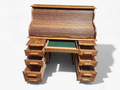 Vintage Oak Roll Top Desk Antique Mission Style Double Pedestal Wooden Executive