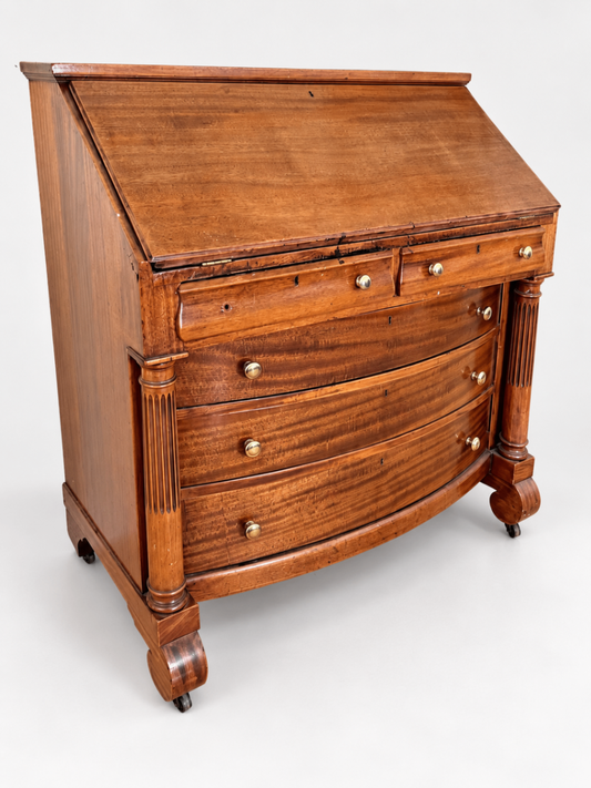 Antique Bow Front Secretary Desk Mahogany Wood Fluted Columns