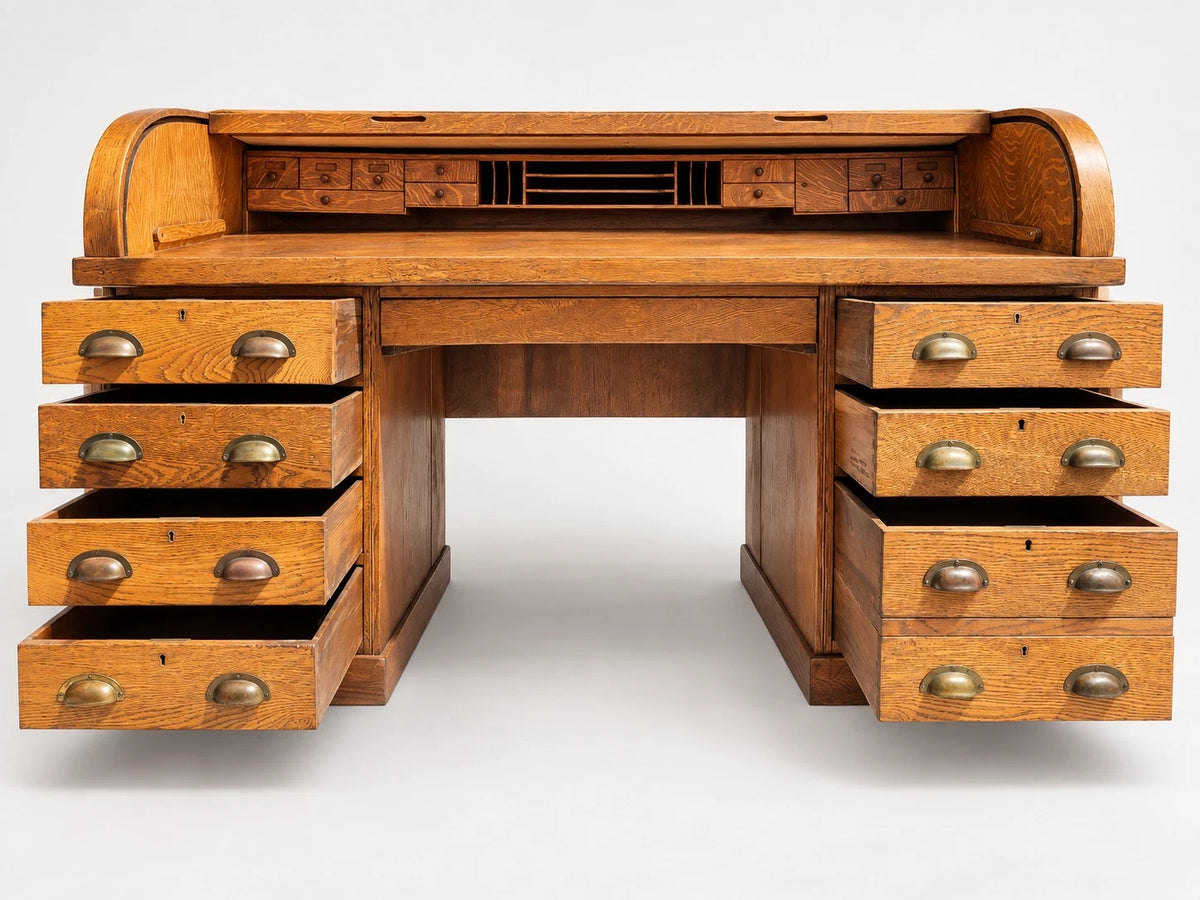 Large Antique Tiger Oak Roll Top Desk Executive Office Tambour Golden Brown Home