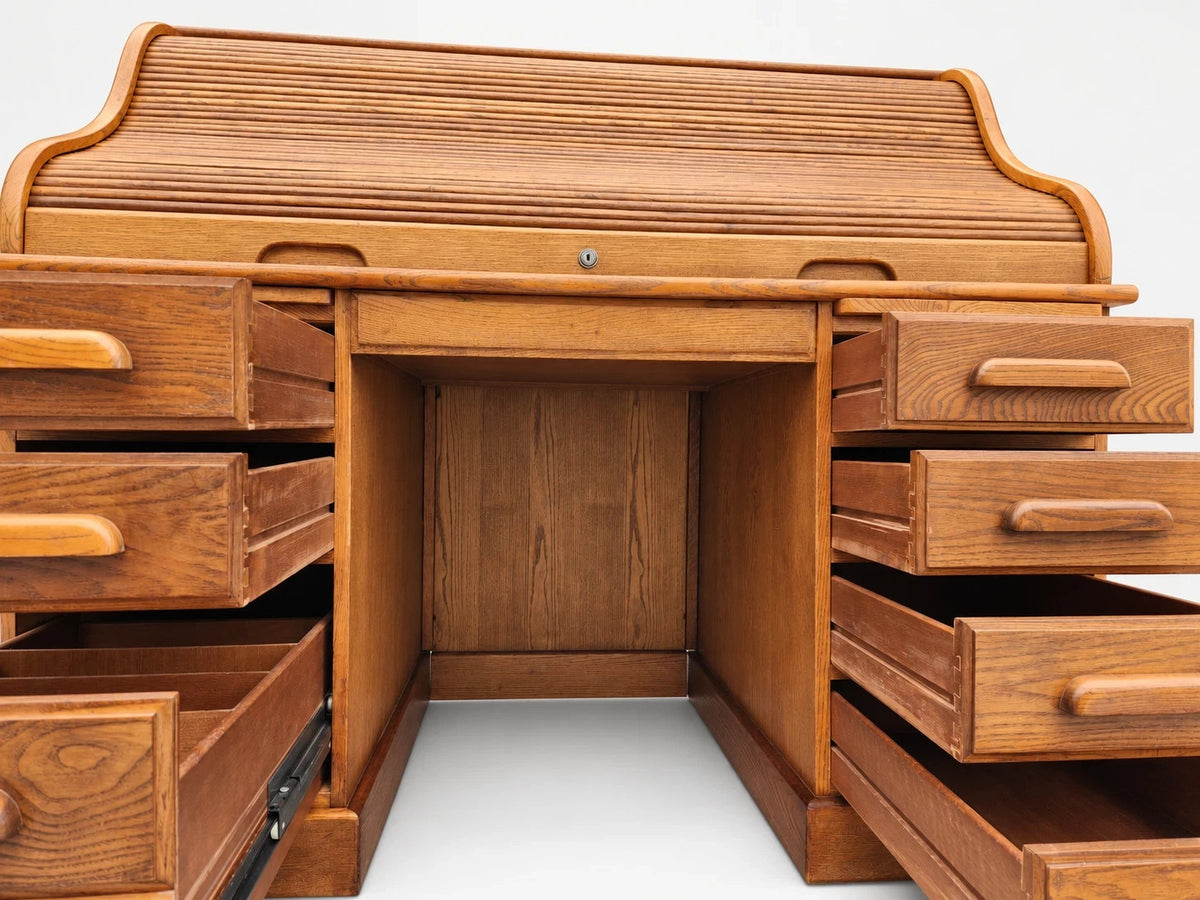 Vintage Oak Roll Top Desk Executive Secretary Writing Office Golden Brown