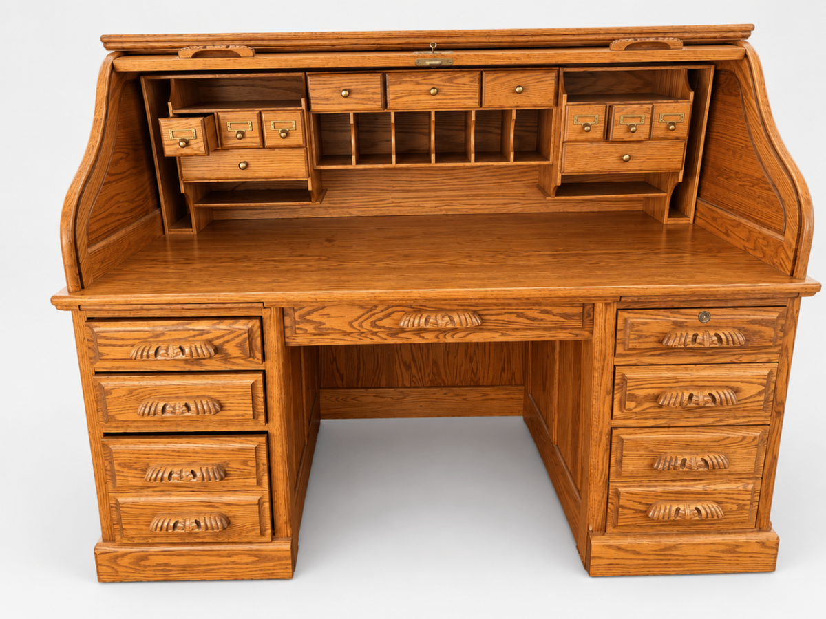 Oak Rolltop Desk Secretary Multiple Drawers Cubbies Traditional Style