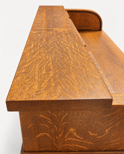 Large Antique Tiger Oak Roll Top Desk Executive Office Tambour Golden Brown Home