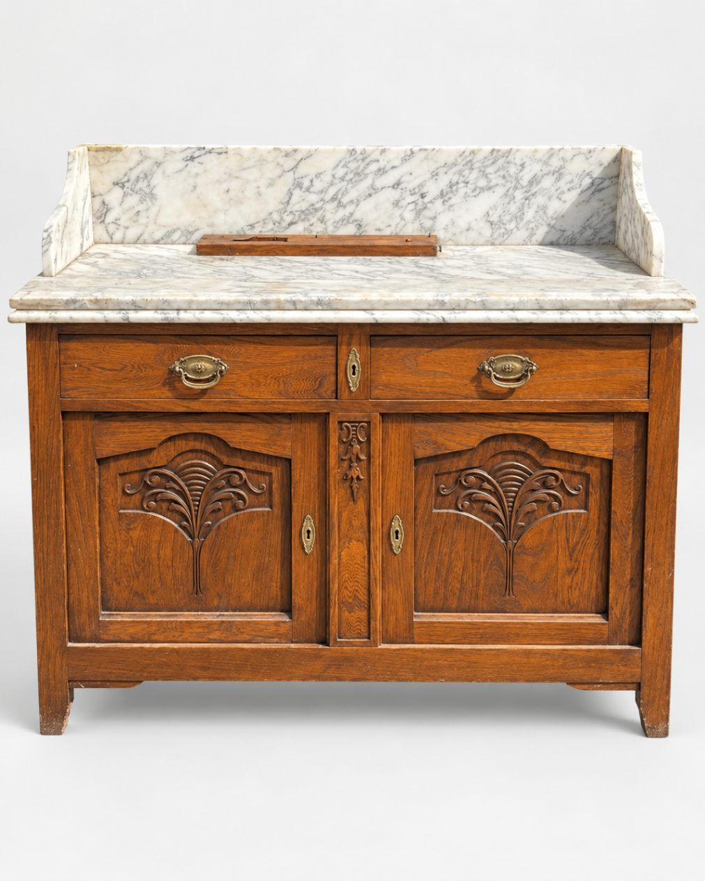 Antique Art Nouveau Oak Sideboard Buffet Marble Top Carved Doors