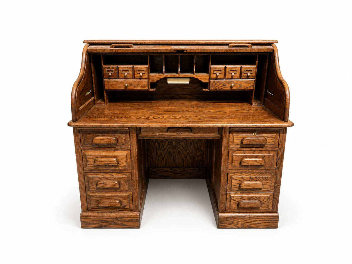 Stuart’s Oak Roll Top Desk Vintage Tambour Executive Pedestal Desk Office Qual