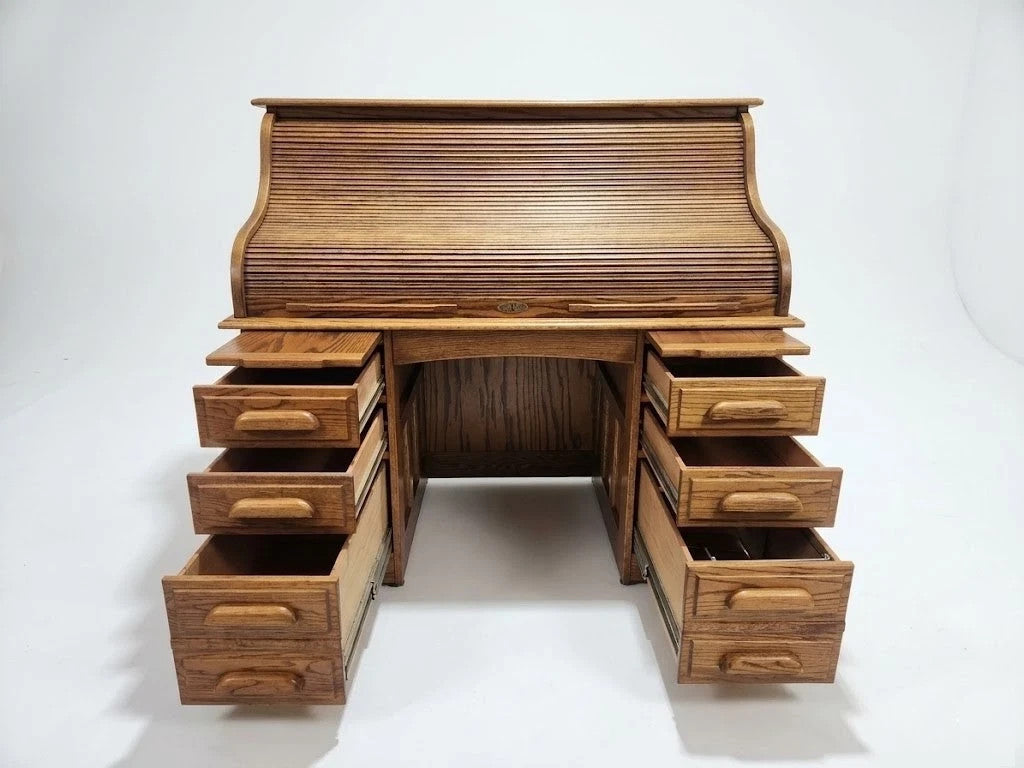 Vintage Oak Roll Top Desk Antique Mission Style Double Pedestal Wooden Executive