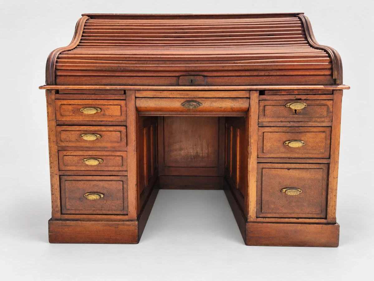 Antique Victorian Roll Top Desk Executive Wood Brass Reddish Brown S Curve