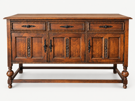 Antique Oak Sideboard Buffet Carved Details Ornate Hardware