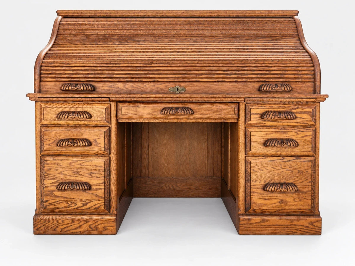 Russell's Vintage Solid Oak Roll Top Desk Traditional Writing Desk S Curve