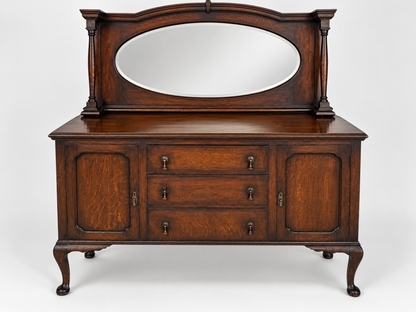Antique Oak Sideboard Buffet Server w/ Mirror Carved Details