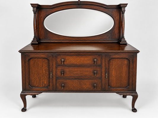 Antique Oak Sideboard Buffet Server w/ Mirror Carved Details