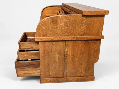 Large Antique Tiger Oak Roll Top Desk Executive Office Tambour Golden Brown Home