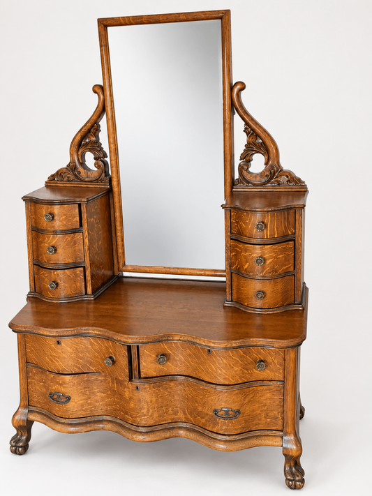 Antique Tiger Oak Vanity Dressing Table Mirror Carved Claw Foot Drawers