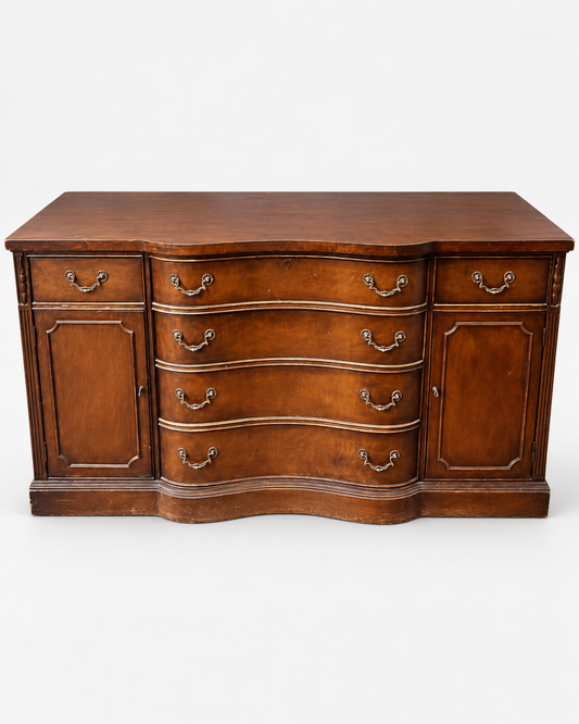 Traditional Wood Sideboard Buffet Bowed Front Paneled Doors Brass Hardware