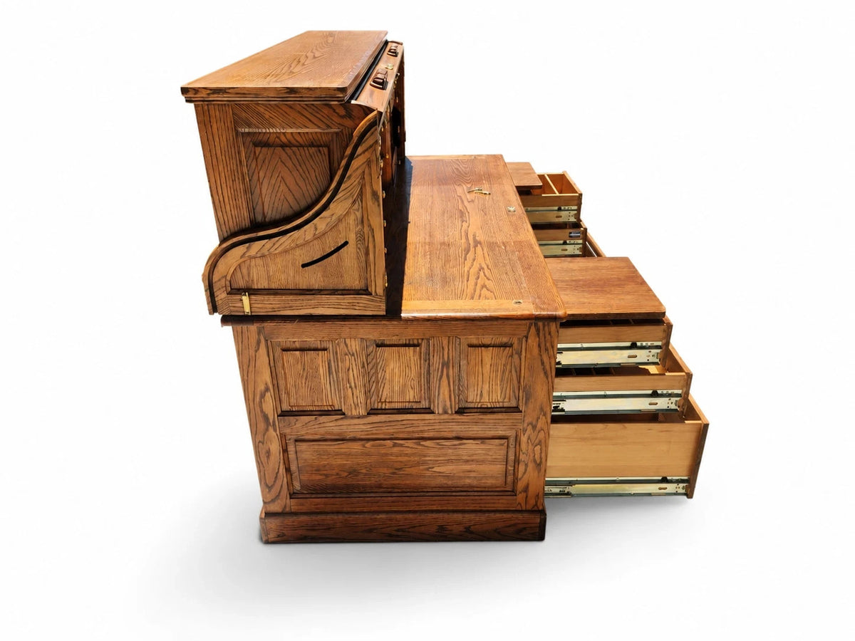 Winners Only Oak Roll Top Desk w/ Organizer Drawers & Pull-Out Slides – Solid