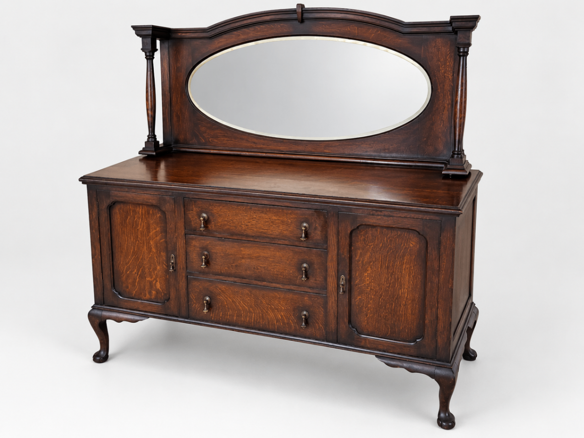 Antique Oak Sideboard Buffet Server w/ Mirror Carved Details
