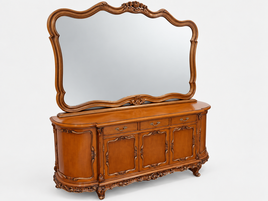 Ornate French Style Sideboard Buffet Cabinet with Mirror Wooden Carved