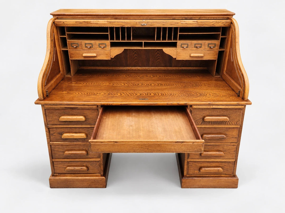 Vintage Oak Roll Top Desk Executive Secretary Writing Office Golden Brown
