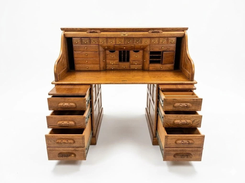 Winners Only Oak Roll Top Desk w/ Organizer Drawers & Pull-Out Slides – Solid
