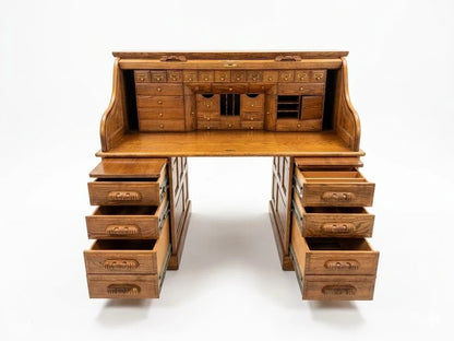Winners Only Oak Roll Top Desk w/ Organizer Drawers & Pull-Out Slides – Solid