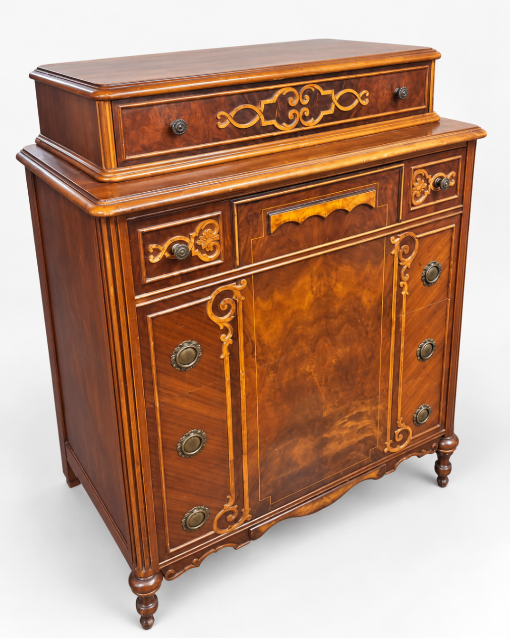 Antique Federal Style Marquetry Inlaid Dresser Chest of Drawers Bureau Burl Wood