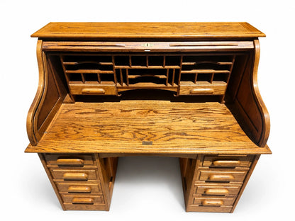 Vintage Oak Roll Top Desk Antique Mission Style Double Pedestal Wooden Executive