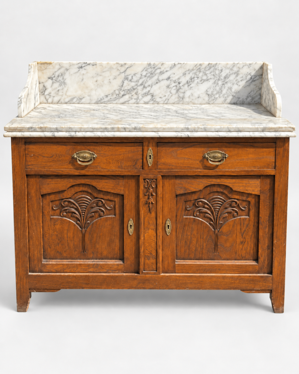 Antique Art Nouveau Sideboard Carved Wood Marble Top Buffet Cabinet Brown