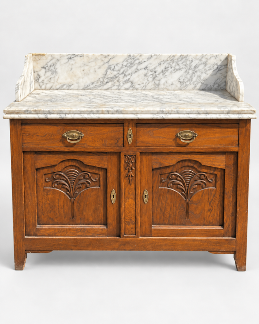 Antique Art Nouveau Sideboard Carved Wood Marble Top Buffet Cabinet Brown