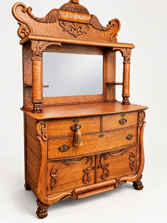 Antique Carved Quarter Sawn Oak Sideboard Buffet with Mirror Ornate