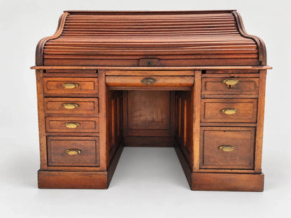 Antique Victorian Roll Top Desk Executive Wood Brass Reddish Brown S Curve