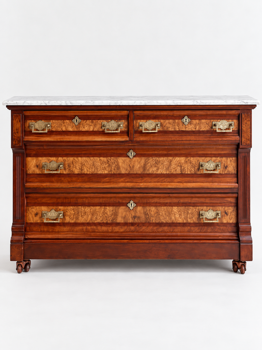 Antique Sideboard Buffet Marble Top Burl Wood Brass Hardware