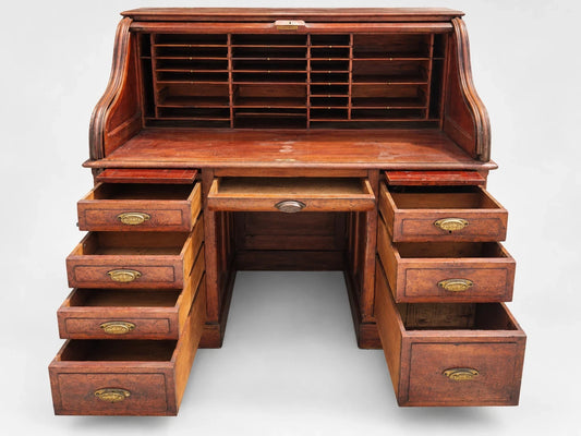 Antique Victorian Roll Top Desk Executive Wood Brass Reddish Brown S Curve