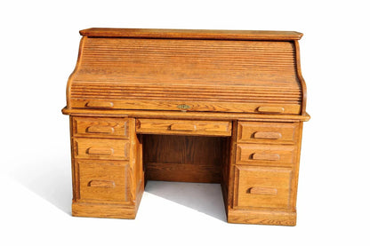 Vintage Solid Oak Roll-Top Desk Classic Executive Secretary Desk  Warm Honey