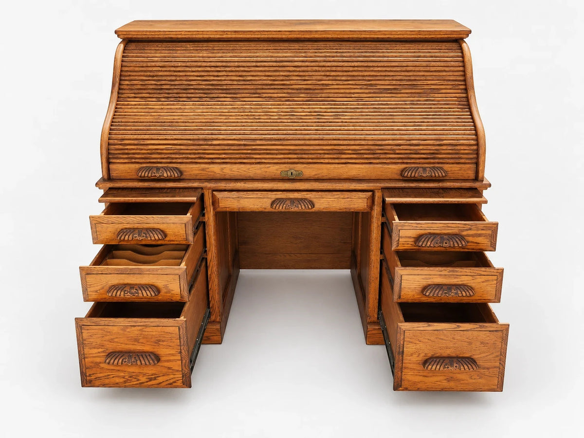 Russell's Vintage Solid Oak Roll Top Desk Traditional Writing Desk S Curve
