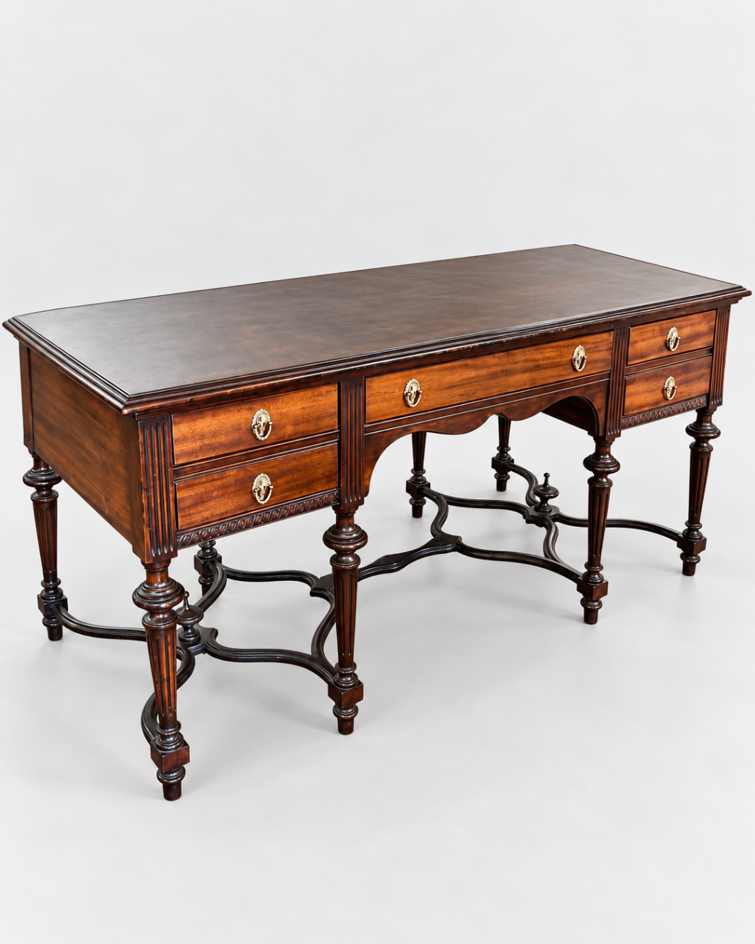Elegant Antique Style Mahogany Executive Desk with Brass Hardware & Drawers