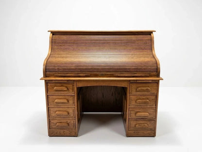 Vintage Oak Roll Top Desk Antique Mission Style Double Pedestal Wooden Executive