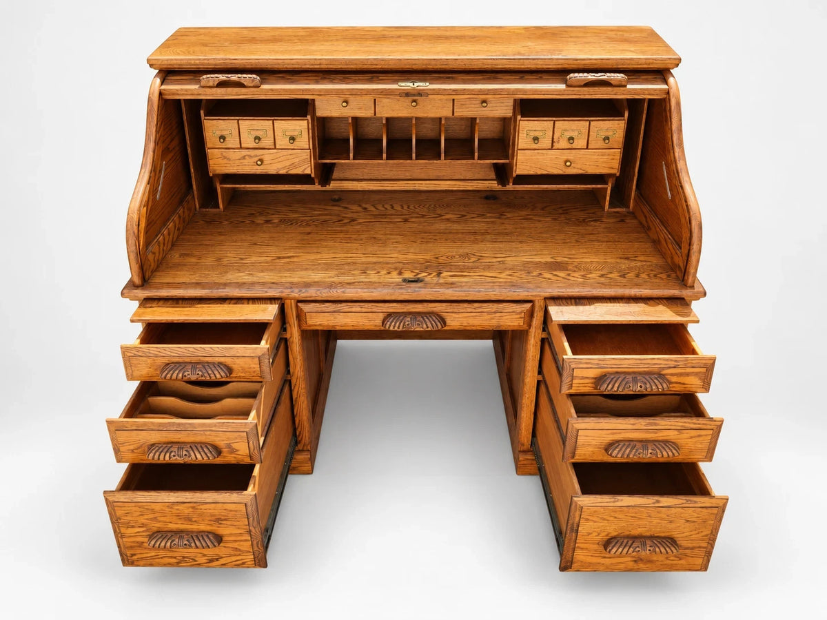 Russell's Vintage Solid Oak Roll Top Desk Traditional Writing Desk S Curve