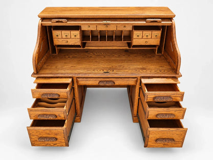 Russell's Vintage Solid Oak Roll Top Desk Traditional Writing Desk S Curve