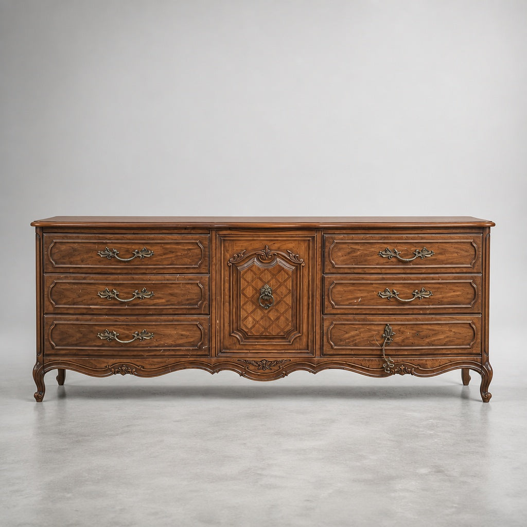 Elegant Ornate Wood Dresser - Vintage French Design, Brown Finish, Good Condition