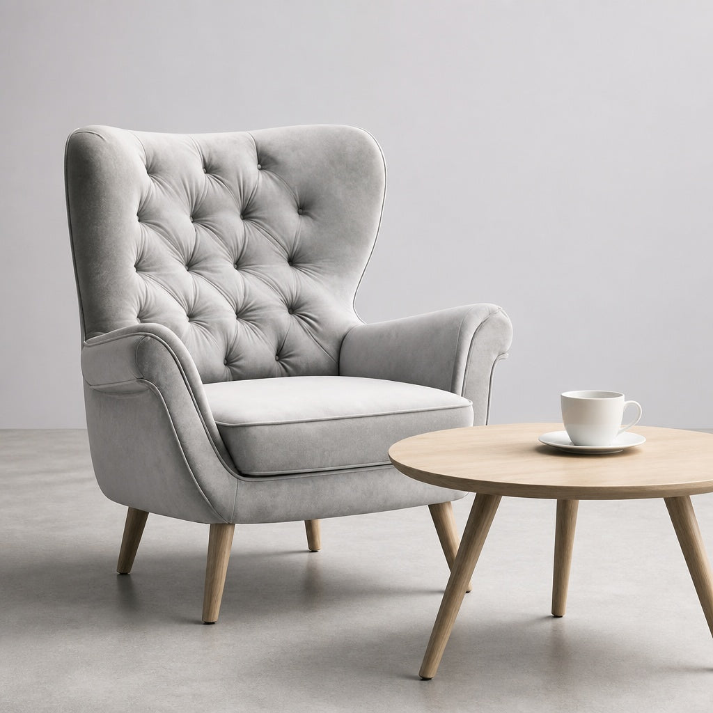 Chic Grey Tufted Armchair with Natural Wood Legs - Great Condition!