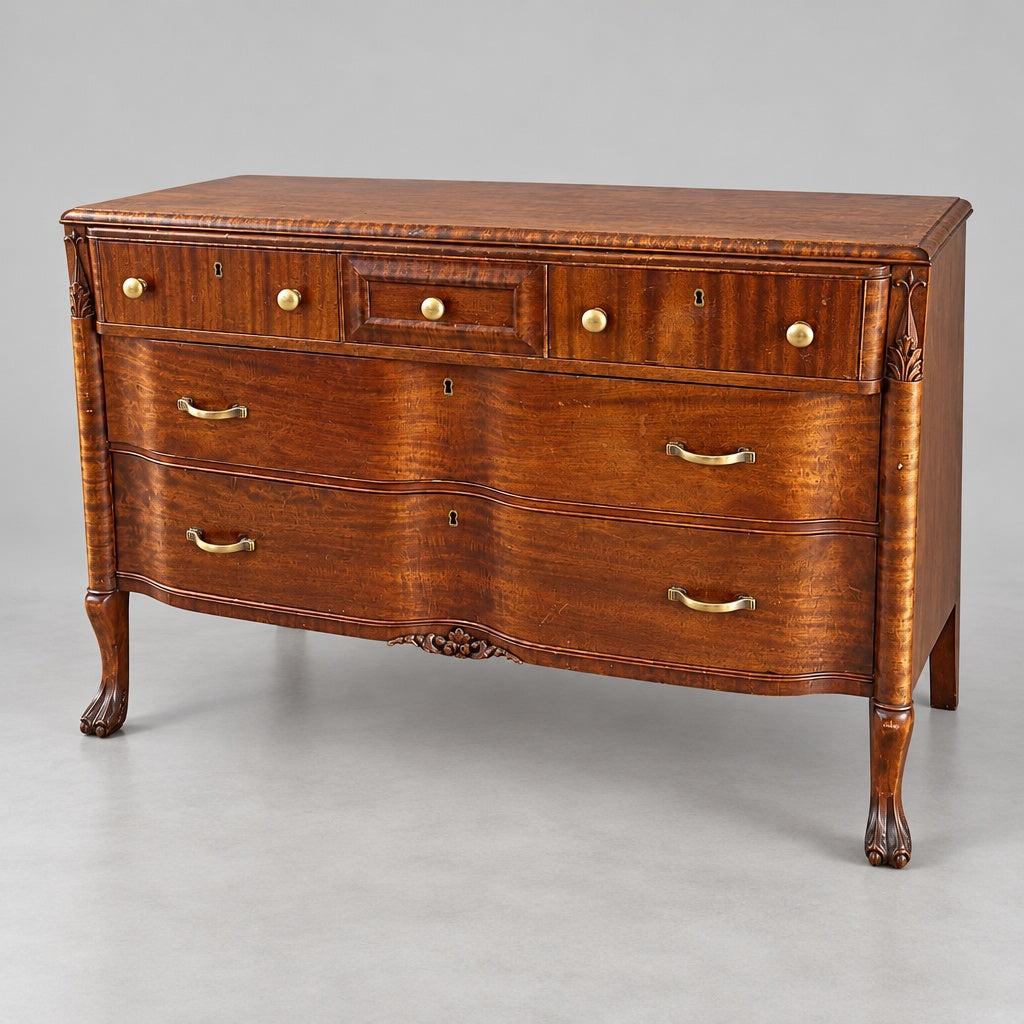 Antique Mahogany Bowfront Dresser with Brass Hardware for Bedroom