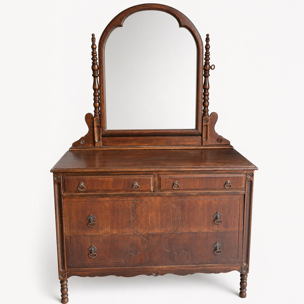 Vintage Mahogany Dresser with Mirror | Classic Victorian Style | Brown Finish