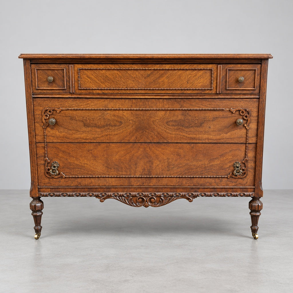 Antique Dark Oak Writing Desk with Intricate Carvings for Home Office